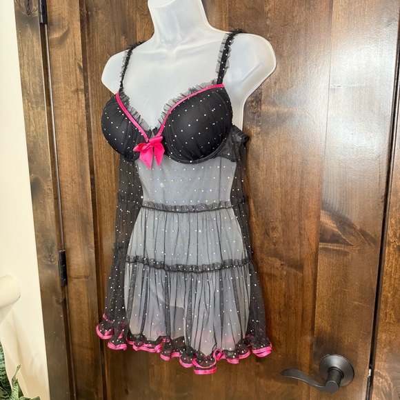 Frederick's of Hollywood Sheer Black Chemise with Pink Trim sequins underwire L - Picture 1 of 8